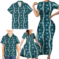Pikake Maile Tiare Lei Family Matching Short Sleeve Bodycon Dress and Hawaiian Shirt Polu Lauhala Pattern LT01 - Polynesian Pride