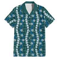 Pikake Maile Tiare Lei Family Matching Short Sleeve Bodycon Dress and Hawaiian Shirt Polu Lauhala Pattern LT01 Dad's Shirt - Short Sleeve Blue - Polynesian Pride