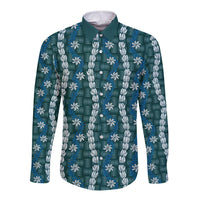 Pikake Maile Tiare Lei Long Sleeve Button Shirt Polu Lauhala Pattern LT01 Unisex Blue - Polynesian Pride