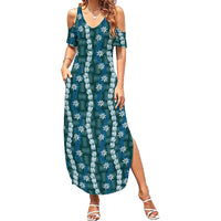 Pikake Maile Tiare Lei Summer Maxi Dress Polu Lauhala Pattern LT01 Women Blue - Polynesian Pride