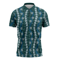 Pikake Maile Tiare Lei Zipper Polo Shirt Polu Lauhala Pattern LT01 Blue - Polynesian Pride