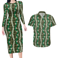 Pikake Maile Tiare Lei Couples Matching Long Sleeve Bodycon Dress and Hawaiian Shirt Omaomao Lauhala Pattern