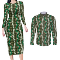 Pikake Maile Tiare Lei Couples Matching Long Sleeve Bodycon Dress and Long Sleeve Button Shirt Omaomao Lauhala Pattern LT01 Green - Polynesian Pride