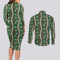 Pikake Maile Tiare Lei Couples Matching Long Sleeve Bodycon Dress and Long Sleeve Button Shirt Omaomao Lauhala Pattern LT01 - Polynesian Pride