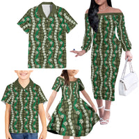 Pikake Maile Tiare Lei Family Matching Off The Shoulder Long Sleeve Dress and Hawaiian Shirt Omaomao Lauhala Pattern