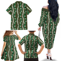 Pikake Maile Tiare Lei Family Matching Off The Shoulder Long Sleeve Dress and Hawaiian Shirt Omaomao Lauhala Pattern LT01 Mom's Dress Green - Polynesian Pride