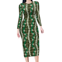 Pikake Maile Tiare Lei Long Sleeve Bodycon Dress Omaomao Lauhala Pattern LT01 Long Dress Green - Polynesian Pride