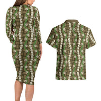 Pikake Maile Tiare Lei Couples Matching Long Sleeve Bodycon Dress and Hawaiian Shirt Natural Lauhala Pattern