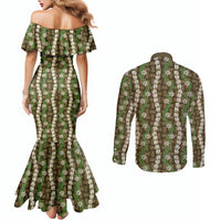 Pikake Maile Tiare Lei Couples Matching Mermaid Dress and Long Sleeve Button Shirt Natural Lauhala Pattern LT01 - Polynesian Pride
