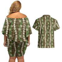 Pikake Maile Tiare Lei Couples Matching Off Shoulder Short Dress and Hawaiian Shirt Natural Lauhala Pattern LT01 - Polynesian Pride