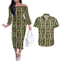 Pikake Maile Tiare Lei Couples Matching Off The Shoulder Long Sleeve Dress and Hawaiian Shirt Natural Lauhala Pattern