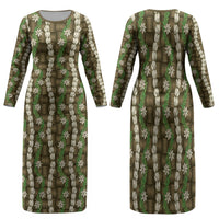 Pikake Maile Tiare Lei Family Matching Long Sleeve Bodycon Dress and Hawaiian Shirt Natural Lauhala Pattern LT01 Mom's Dress Brown - Polynesian Pride