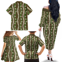 Pikake Maile Tiare Lei Family Matching Off The Shoulder Long Sleeve Dress and Hawaiian Shirt Natural Lauhala Pattern LT01 Mom's Dress Brown - Polynesian Pride