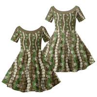 Pikake Maile Tiare Lei Family Matching Off Shoulder Short Dress and Hawaiian Shirt Natural Lauhala Pattern LT01 Daughter's Dress Brown - Polynesian Pride