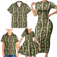 Pikake Maile Tiare Lei Family Matching Short Sleeve Bodycon Dress and Hawaiian Shirt Natural Lauhala Pattern LT01 - Polynesian Pride