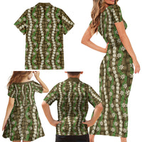 Pikake Maile Tiare Lei Family Matching Short Sleeve Bodycon Dress and Hawaiian Shirt Natural Lauhala Pattern