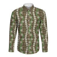 Pikake Maile Tiare Lei Long Sleeve Button Shirt Natural Lauhala Pattern LT01 Unisex Brown - Polynesian Pride