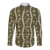 Pikake Maile Tiare Lei Long Sleeve Button Shirt Natural Lauhala Pattern
