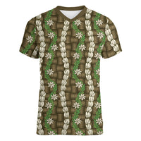 Pikake Maile Tiare Lei Women V-Neck T-Shirt Natural Lauhala Pattern