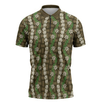 Pikake Maile Tiare Lei Zipper Polo Shirt Natural Lauhala Pattern