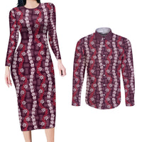 Pikake Maile Tiare Lei Couples Matching Long Sleeve Bodycon Dress and Long Sleeve Button Shirt Akala Lauhala Pattern LT01 Pink - Polynesian Pride