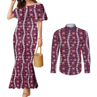 Pikake Maile Tiare Lei Couples Matching Mermaid Dress and Long Sleeve Button Shirt Akala Lauhala Pattern