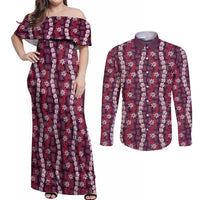 Pikake Maile Tiare Lei Couples Matching Off Shoulder Maxi Dress and Long Sleeve Button Shirt Akala Lauhala Pattern LT01 Pink - Polynesian Pride