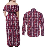 Pikake Maile Tiare Lei Couples Matching Off Shoulder Maxi Dress and Long Sleeve Button Shirt Akala Lauhala Pattern
