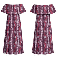 Pikake Maile Tiare Lei Couples Matching Off Shoulder Maxi Dress and Long Sleeve Button Shirt Akala Lauhala Pattern LT01 - Polynesian Pride