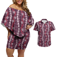 Pikake Maile Tiare Lei Couples Matching Off Shoulder Short Dress and Hawaiian Shirt Akala Lauhala Pattern LT01 Pink - Polynesian Pride
