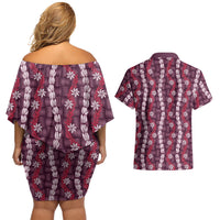 Pikake Maile Tiare Lei Couples Matching Off Shoulder Short Dress and Hawaiian Shirt Akala Lauhala Pattern LT01 - Polynesian Pride