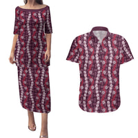 Pikake Maile Tiare Lei Couples Matching Puletasi and Hawaiian Shirt Akala Lauhala Pattern LT01 Pink - Polynesian Pride