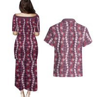 Pikake Maile Tiare Lei Couples Matching Puletasi and Hawaiian Shirt Akala Lauhala Pattern LT01 - Polynesian Pride