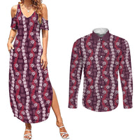 Pikake Maile Tiare Lei Couples Matching Summer Maxi Dress and Long Sleeve Button Shirt Akala Lauhala Pattern