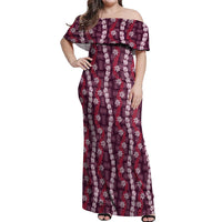 Pikake Maile Tiare Lei Off Shoulder Maxi Dress Akala Lauhala Pattern LT01 Women Pink - Polynesian Pride