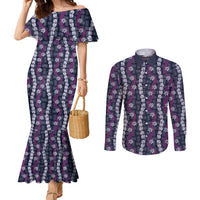 Pikake Maile Tiare Lei Couples Matching Mermaid Dress and Long Sleeve Button Shirt Poni Lauhala Pattern LT01 Purple - Polynesian Pride