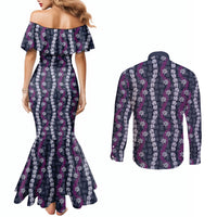 Pikake Maile Tiare Lei Couples Matching Mermaid Dress and Long Sleeve Button Shirt Poni Lauhala Pattern LT01 - Polynesian Pride