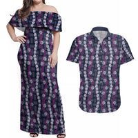 Pikake Maile Tiare Lei Couples Matching Off Shoulder Maxi Dress and Hawaiian Shirt Poni Lauhala Pattern LT01 Purple - Polynesian Pride
