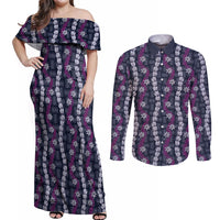 Pikake Maile Tiare Lei Couples Matching Off Shoulder Maxi Dress and Long Sleeve Button Shirt Poni Lauhala Pattern