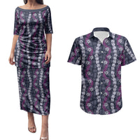 Pikake Maile Tiare Lei Couples Matching Puletasi and Hawaiian Shirt Poni Lauhala Pattern LT01 Purple - Polynesian Pride