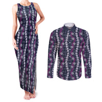 Pikake Maile Tiare Lei Couples Matching Tank Maxi Dress and Long Sleeve Button Shirt Poni Lauhala Pattern LT01 Purple - Polynesian Pride