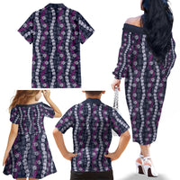 Pikake Maile Tiare Lei Family Matching Off The Shoulder Long Sleeve Dress and Hawaiian Shirt Poni Lauhala Pattern LT01 Mom's Dress Purple - Polynesian Pride