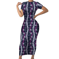 Pikake Maile Tiare Lei Short Sleeve Bodycon Dress Poni Lauhala Pattern LT01 Long Dress Purple - Polynesian Pride