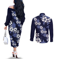 Hawaiian Hibiscus Tribal Floral Blue Couples Matching Off The Shoulder Long Sleeve Dress and Long Sleeve Button Shirt Polynesian Tapa Pattern - Polynesian Pride