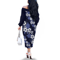 Hawaiian Hibiscus Tribal Floral Blue Family Matching Off The Shoulder Long Sleeve Dress and Hawaiian Shirt Polynesian Tapa Pattern LT01 - Polynesian Pride
