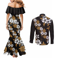 Hawaiian Hibiscus Tribal Floral Brown Couples Matching Mermaid Dress and Long Sleeve Button Shirt Polynesian Tapa Pattern - Polynesian Pride