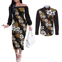 Hawaiian Hibiscus Tribal Floral Brown Couples Matching Off The Shoulder Long Sleeve Dress and Long Sleeve Button Shirt Polynesian Tapa Pattern - Polynesian Pride
