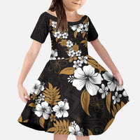 Hawaiian Hibiscus Tribal Floral Brown Kid Short Sleeve Dress Polynesian Tapa Pattern - Polynesian Pride