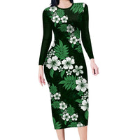 Hawaiian Hibiscus Tribal Floral Green Family Matching Long Sleeve Bodycon Dress and Hawaiian Shirt Polynesian Tapa Pattern LT01 Mom's Dress Green - Polynesian Pride
