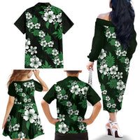 Hawaiian Hibiscus Tribal Floral Green Family Matching Off The Shoulder Long Sleeve Dress and Hawaiian Shirt Polynesian Tapa Pattern LT01 - Polynesian Pride